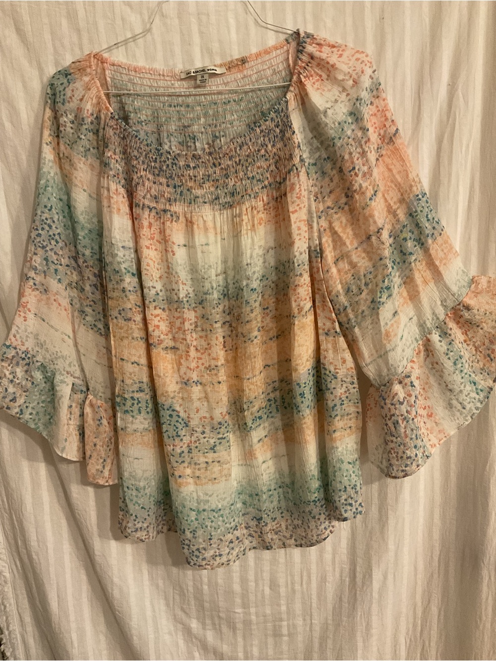 Zac & Rachel 2X Boho Smocked Yoke Peasant Blouse - Pastel Multi